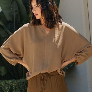 Camel Tan Notched Batwing Sleeve Blouse